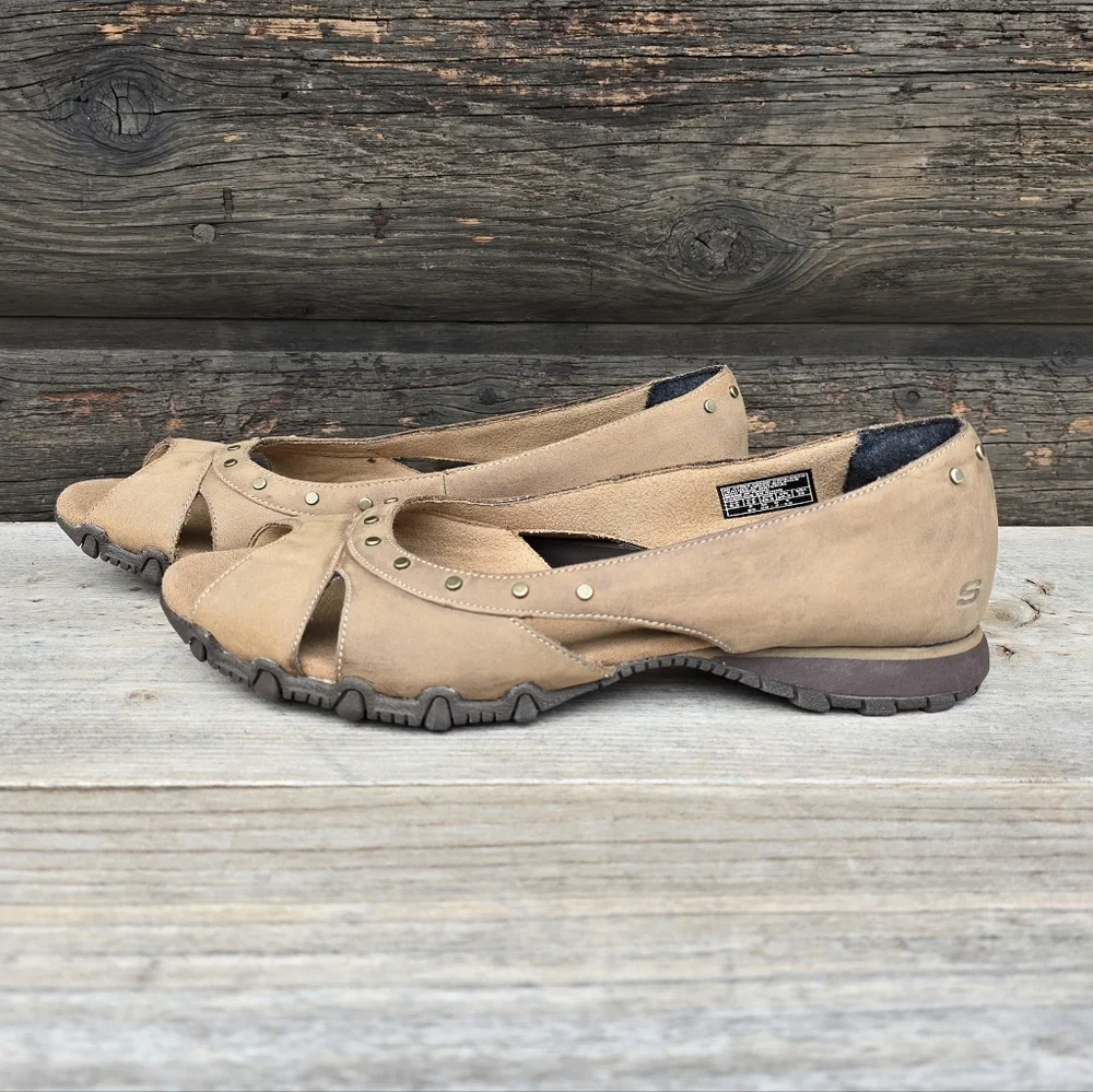 Skechers Bikers Y2K Boho Minimalist Nubuck Studded Peep Toe Comfort Flats 9.5M